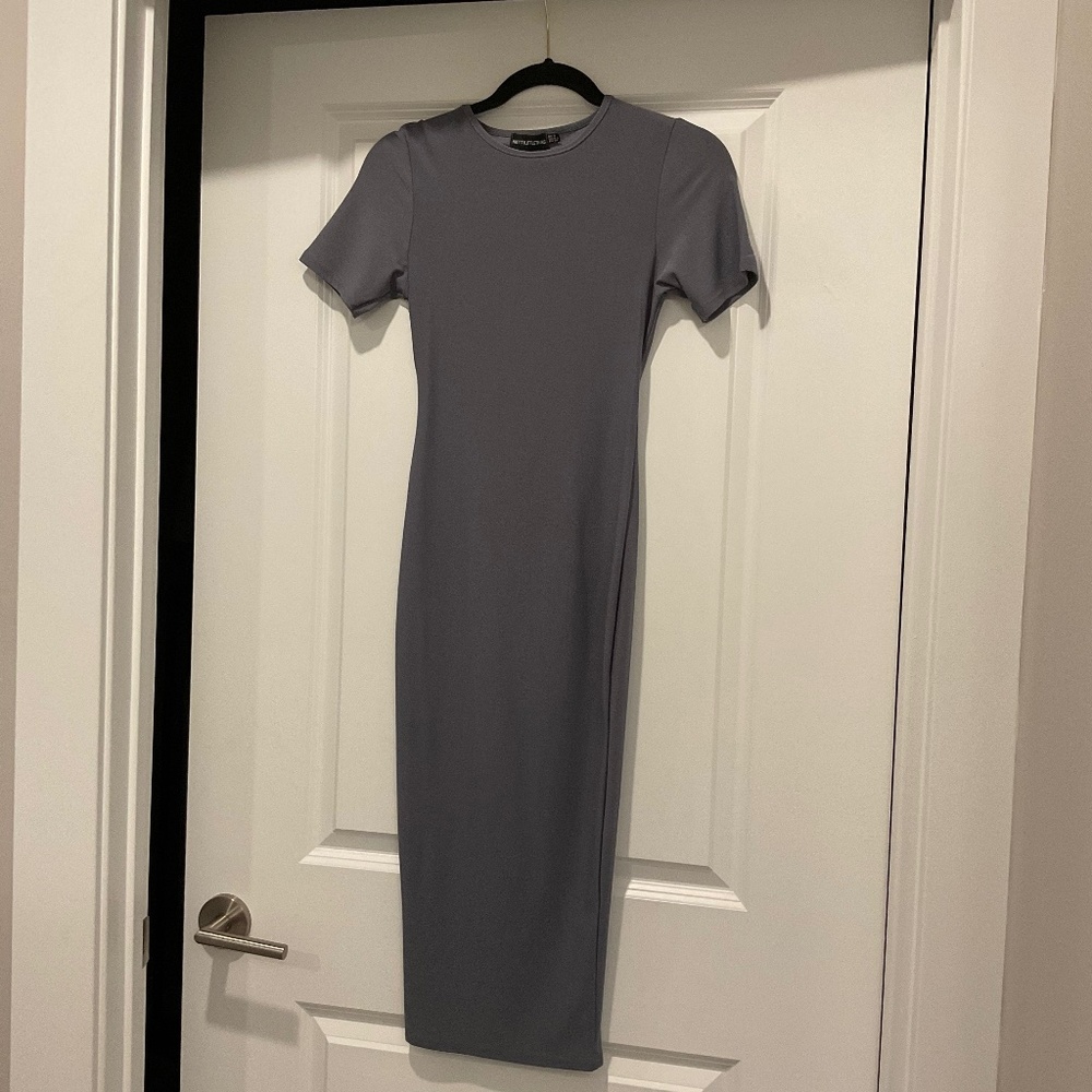 Periwinkle blue form fitted short sleeve midi dress, spandex fit
